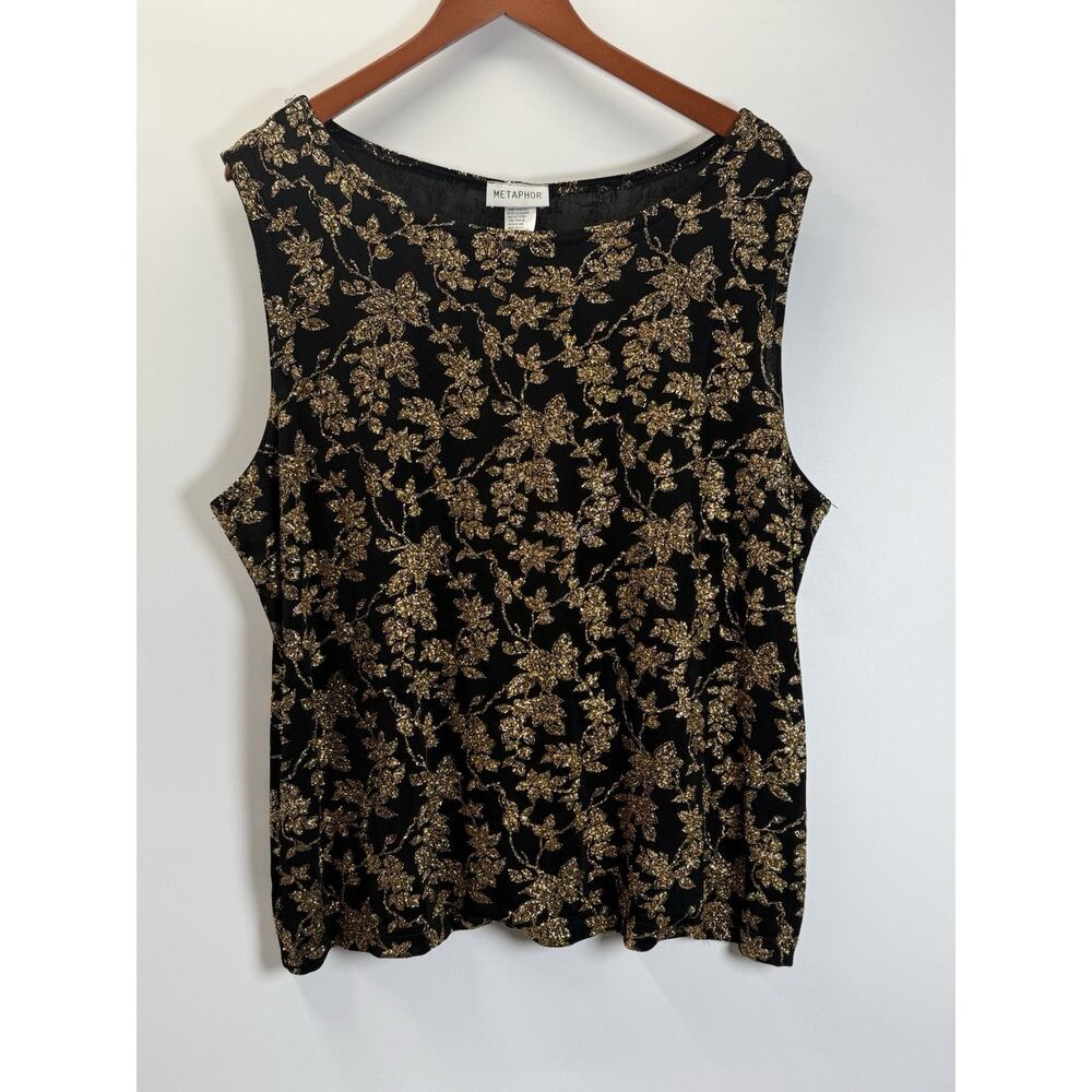 Metaphor Gold Floral Glitter Tank Top Black Slinky Sleeveless Evening Blouse